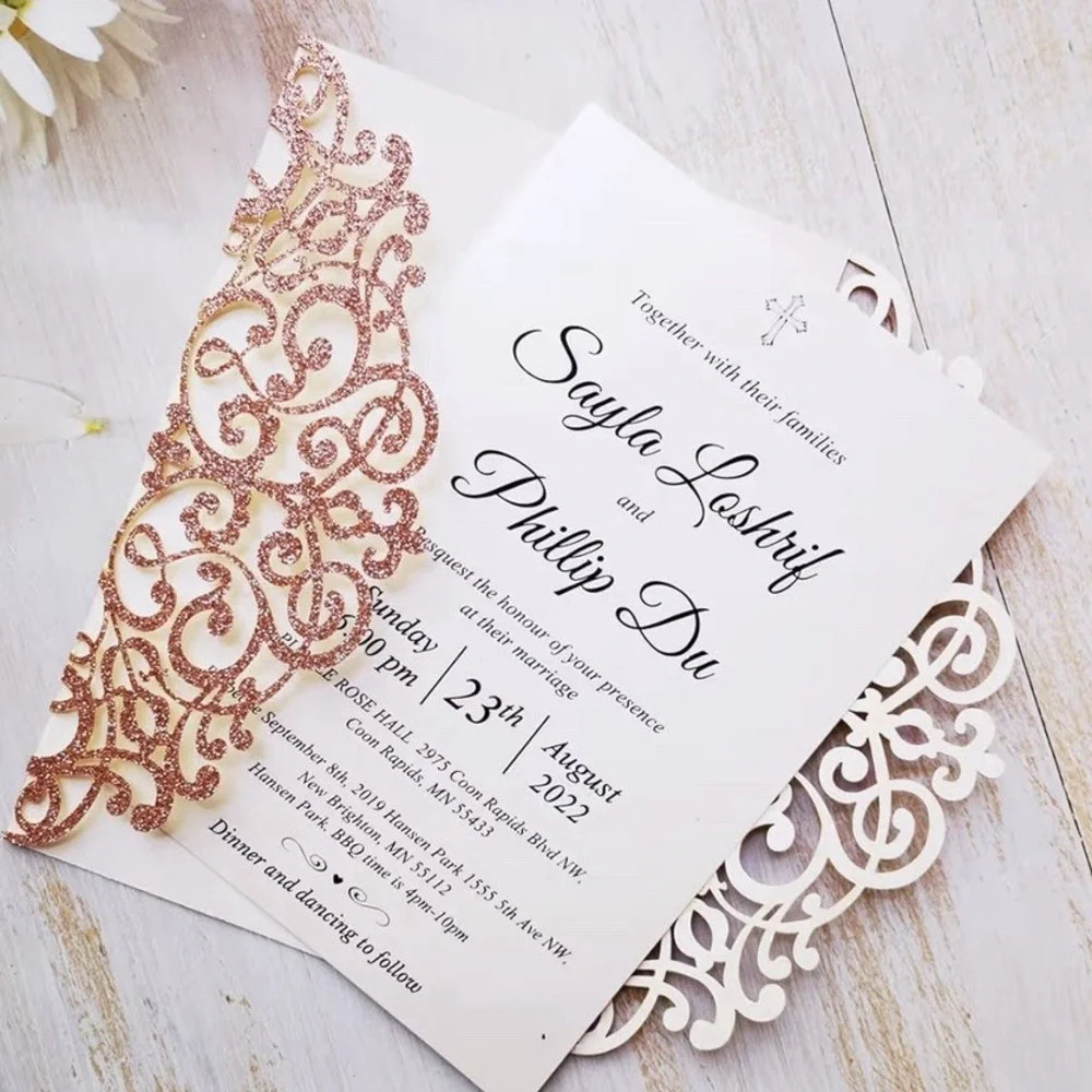 20x Laser Cut Lace Flora Wedding Invitation Cards with Ribbon Bow and Envelop...